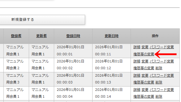 会員のメールアドレスを変更する「権限、許可区分、メールアドレスの変更」画面は「会員一覧」画面の「操作」の列の「権限等の変更」のリンクをクリックする|OBOG Central